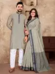 TRENDING-LINEN-SILK-JACQUARD-WORK-MENS-KURTA-PAYJAMA-AND-SAREE-WITH-UNSTITCHED-BLOUSE-COUPLE-WEAR-WHOLESALE-PRICE-ETHNIC-GARMENT-12.jpeg
